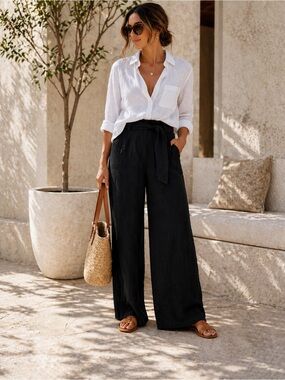 Gap Linen Wide Leg Pants Black Tie Waist High Rise Relaxed Coastal Chic Size 8